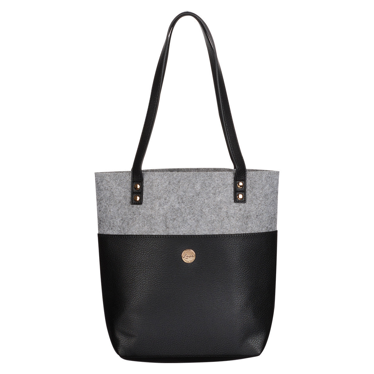 Love Never Fails Two-tone Black and Heather Gray Felt Fashion Bible Tote Bag - 1 Corinthians 13:8