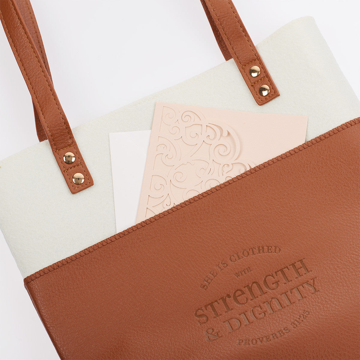 Strength & Dignity Two-tone Toffee and Cream Felt Fashion Bible Tote Bag - Proverbs 31:25